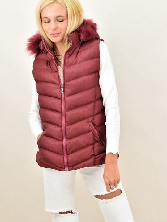 Potre Lang Damen Ärmellos Puffer Jacke mit pelziger Kapuze für Winter Burgundisch