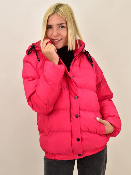 Potre Women's Short Puffer Jacket for Winter with Hood Fuchsia