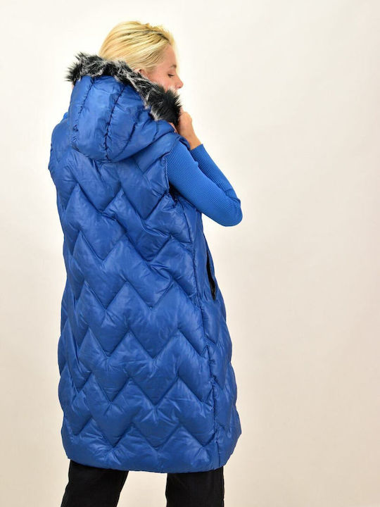 Potre Lang Damen Ärmellos Puffer Jacke mit pelziger Kapuze für Winter Blau