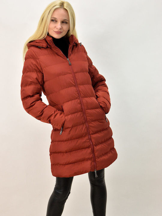 Potre Women's Long Puffer Jacket for Winter with Detachable Hood Red 051620152