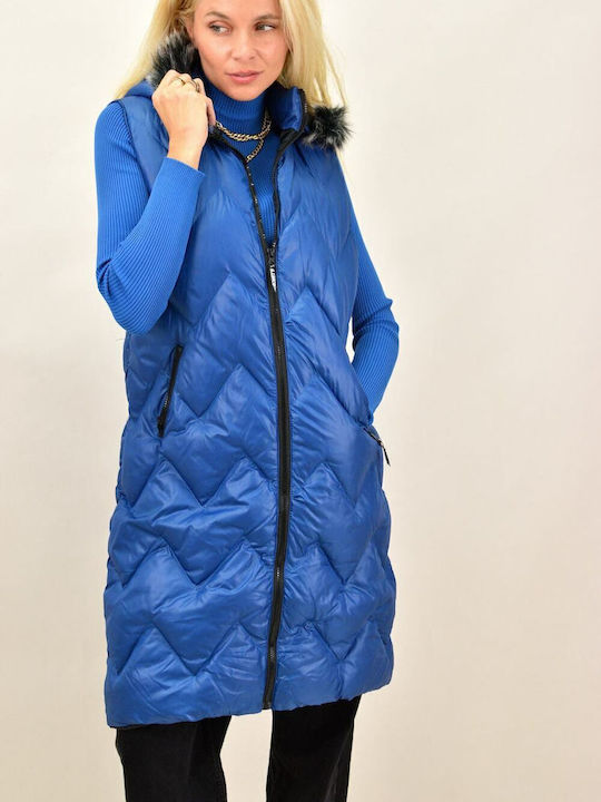 Lang Damen Ärmellos Puffer Jacke mit pelziger Kapuze für Winter Blau