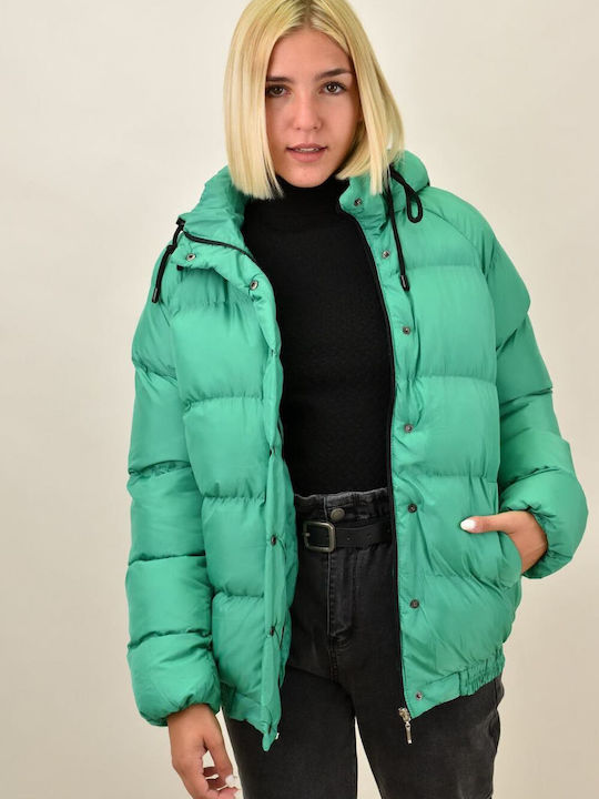 Potre Women's Short Puffer Jacket for Winter with Hood Green