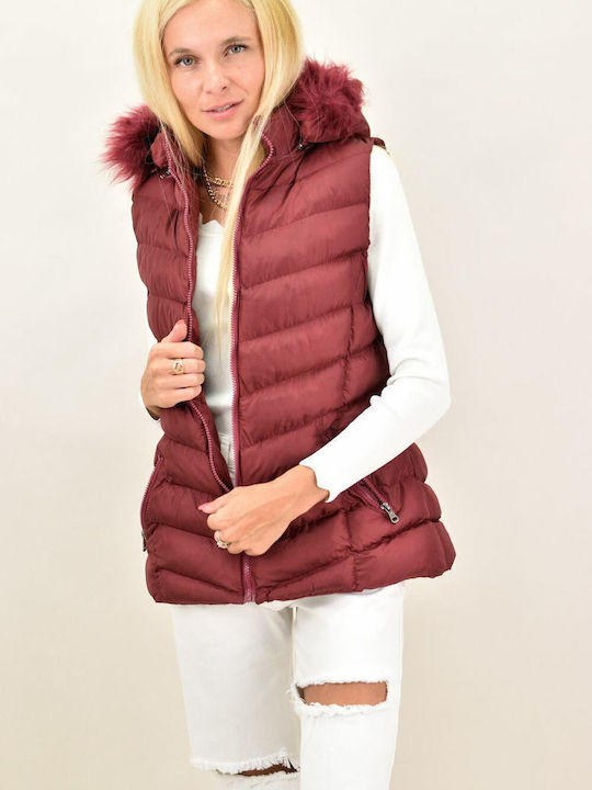 Lang Damen Ärmellos Puffer Jacke mit pelziger Kapuze für Winter Burgundisch