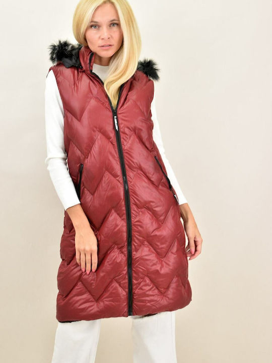 Lang Damen Ärmellos Puffer Jacke mit pelziger Kapuze für Winter Burgundisch