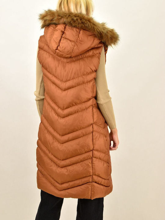 Lang Damen Ärmellos Puffer Jacke mit pelziger Kapuze für Winter Braun