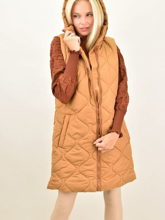 Potre Lang Damen Ärmellos Puffer Jacke für Winter Braun