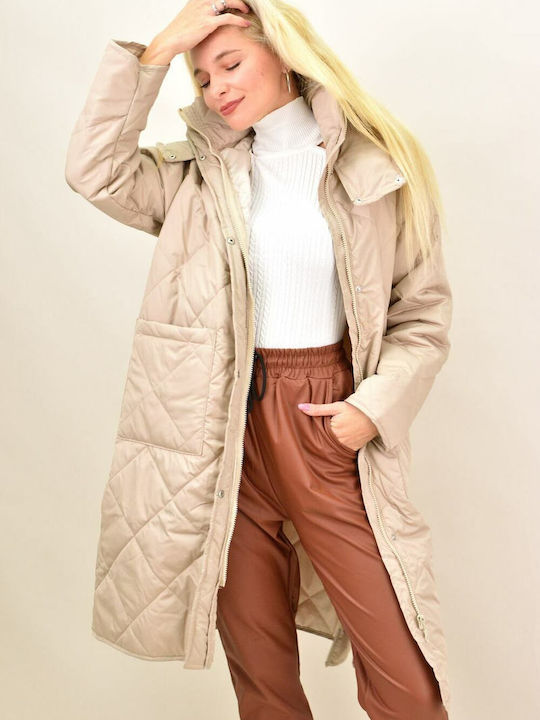 Potre Women's Long Puffer Jacket for Winter with Hood Beige