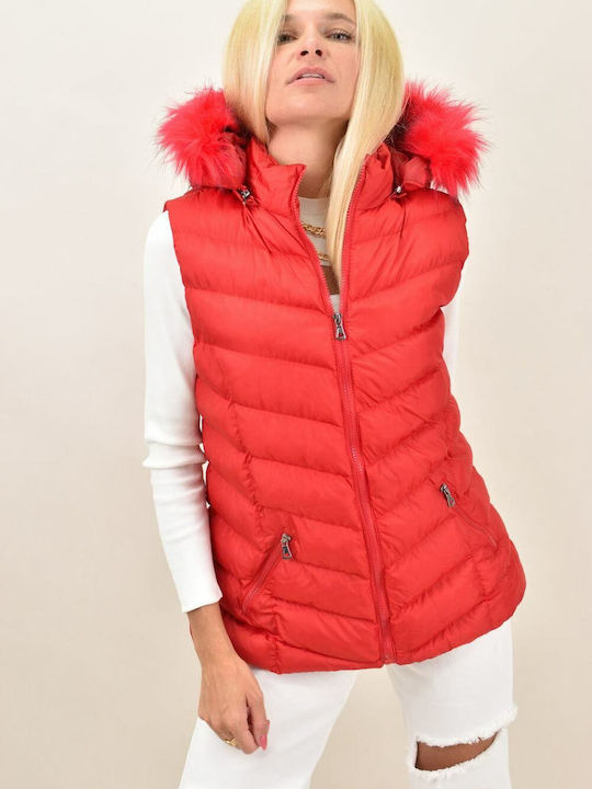 Potre Kurz Damen Ärmellos Puffer Jacke mit pelziger Kapuze für Winter Rot