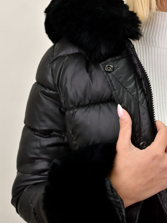 Potre Lang Damen Puffer Jacke mit pelziger Kapuze für Winter Schwarz