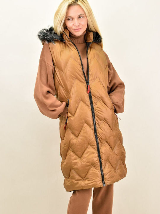 Lungă Jachetă de femei Fără mâneci Puffer Maro
