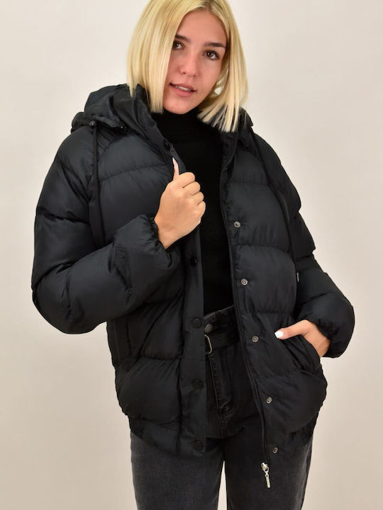 Women's Short Puffer Jacket for Winter with Hood Black