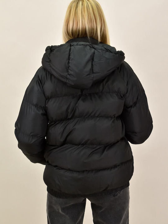 Women's Short Puffer Jacket for Winter with Hood Black