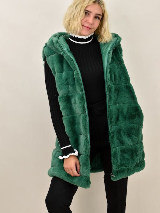 Potre Women's Sleeveless Long Fur Green