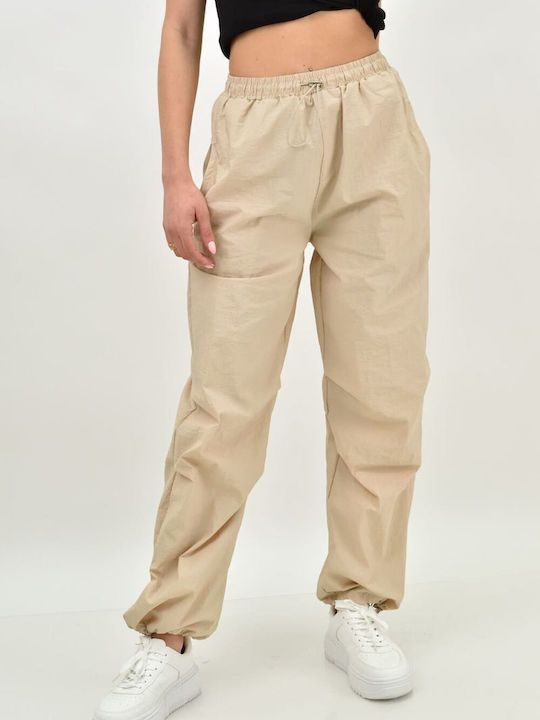 Damen Stoff Hose mit Gummizug in Weitem Schnitt Beige