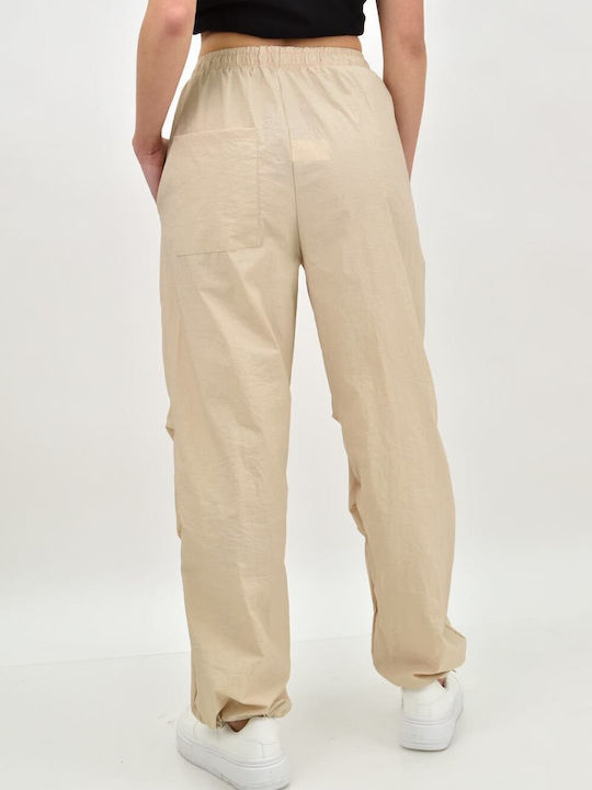 Potre Women's Fabric Trousers with Elastic in Baggy Line Beige