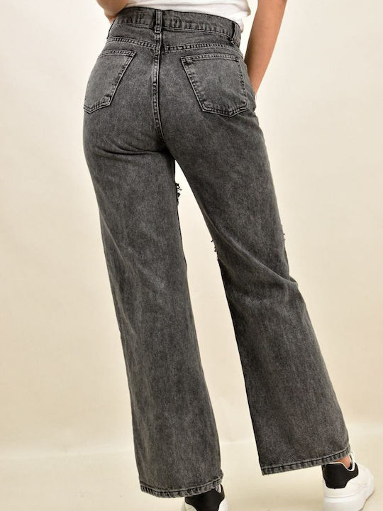 Potre High Waist Women's Jean Trousers with Rips in Straight Line Gray