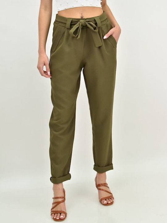 Damen Stoff Hose mit Gummizug in Weitem Schnitt Khaki