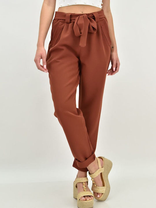 Damen Stoff Hose mit Gummizug in Weitem Schnitt Braun