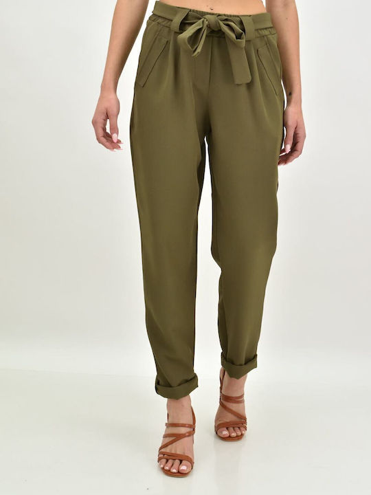 Damen Stoff Hose mit Gummizug in Weitem Schnitt Khaki