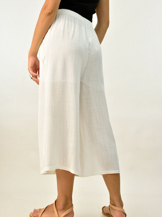 Women's High-waisted Fabric Trousers with Elastic in Straight Line Beige