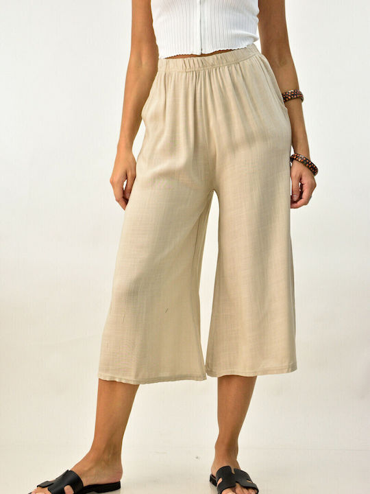 Women's High-waisted Fabric Trousers with Elastic in Straight Line Beige