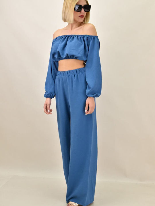 Femei Albastru Set cu Talie înaltă Pantaloni cu elastic