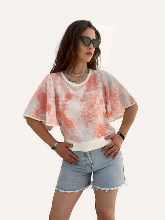 Sateen Women's Summer Blouse Short Sleeve Orange