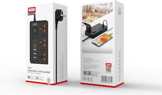 XO XO Πολύπριζο 3 Θέσεων με 4 USB-A, Διακόπτη και Καλώδιο 1.8m Αγγλίας (Type G)
