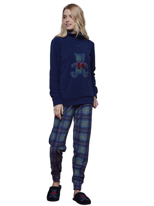 Noidinotte Winter Damen Pyjama-Set Vlies Marineblau