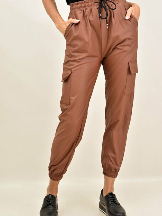 Potre Women's Leather Cargo Trousers with Elastic Brown