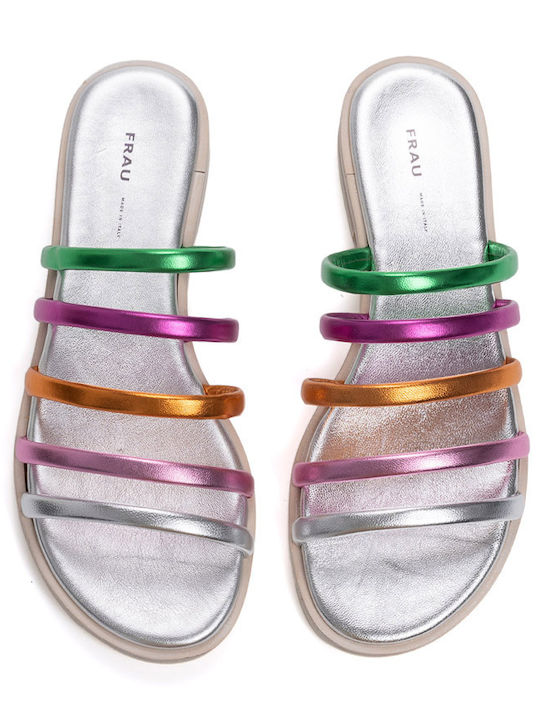 Leder Flache Sandalen für Damen in Silber Farbe