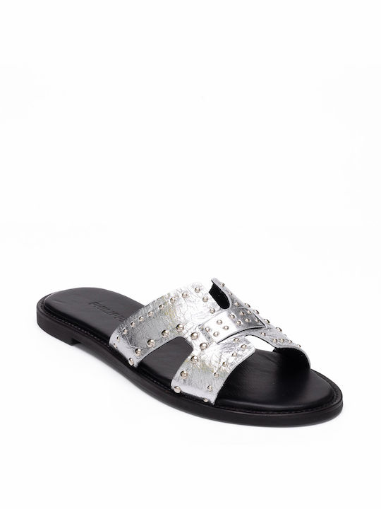 Philippe Lang Leather Women's Flat Sandals in Silver Color