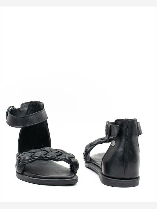 Leather Women's Flat Sandals with Strap in Black Color