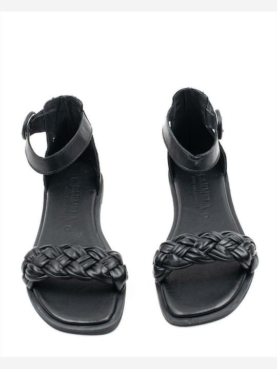 Leather Women's Flat Sandals with Strap in Black Color