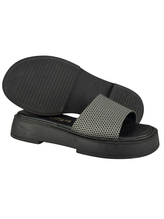 Yfantidis Leather Women's Flat Sandals Flatforms in Gray Color