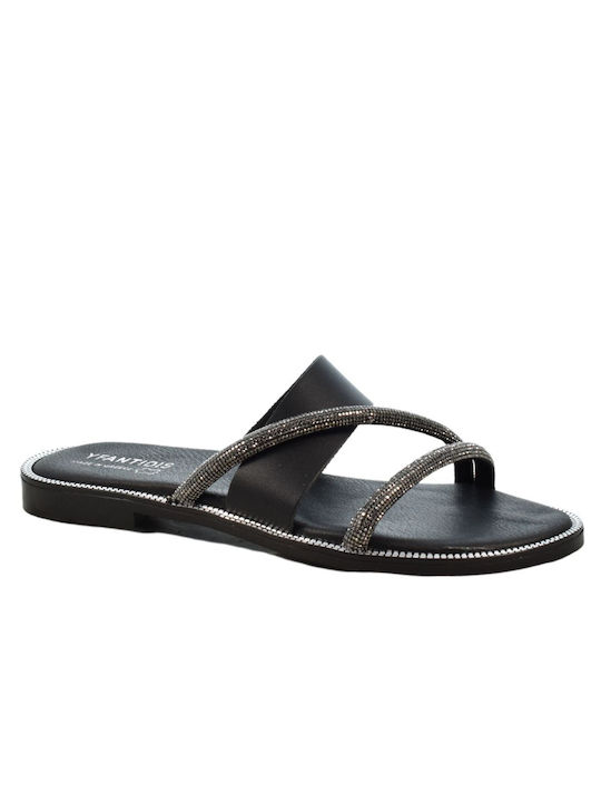 Yfantidis Leather Women's Flat Sandals in Black Color