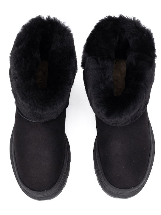 Wildleder Damen Stiefeletten Ankle Boots mit mittlerem Absatz und Pelz Schwarz