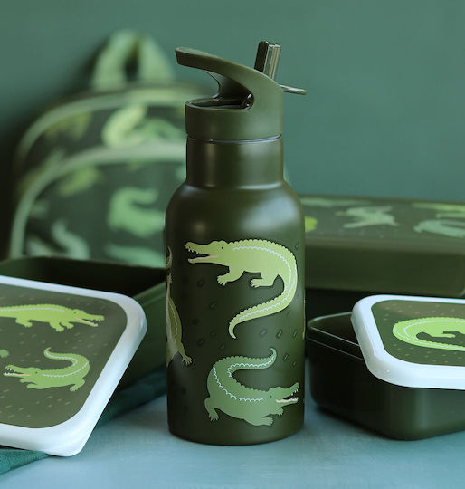 A Little Lovely Company Crocodiles Kinderflasche Thermos Rostfreier Stahl mit Strohhalm 350ml (Verschiedene Designs/Farben)