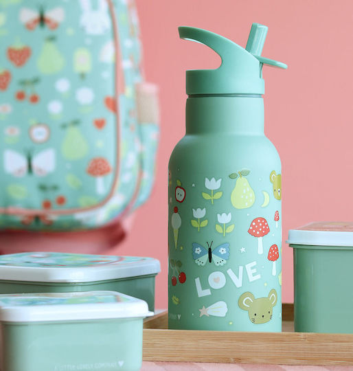 A Little Lovely Company Joy Kinderflasche Thermos Rostfreier Stahl mit Strohhalm Auslaufsicher Grün 350ml