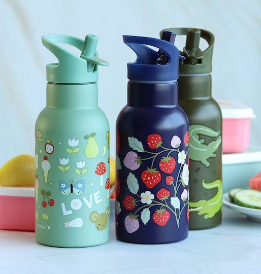 A Little Lovely Company Strawberries Kinderflasche Thermos Rostfreier Stahl mit Strohhalm 350ml