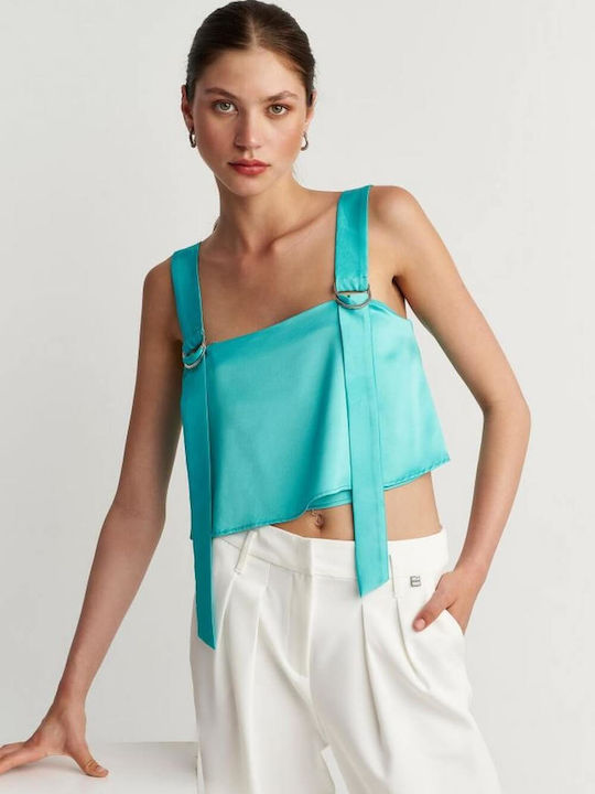 Attrattivo Damen Sommer Crop Top Satin Ärmellos Türkis