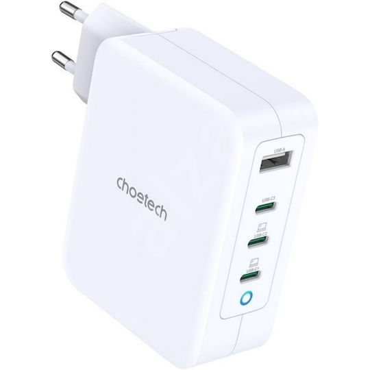 Choetech Charger Without Cable GaN with USB-A Port and 3 USB-C Ports 130W Whites (PD6001)