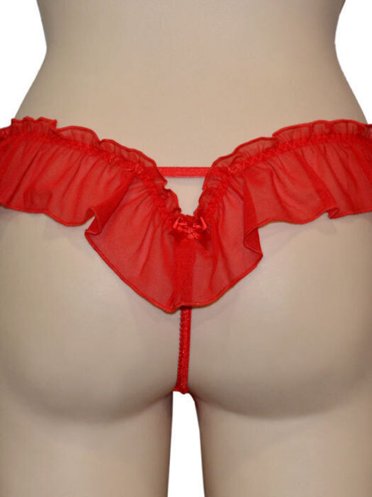 Elite Form Cotton Women's String with Lace Red