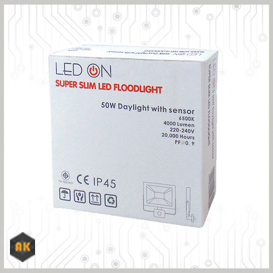 Led On Στεγανός Προβολέας LED 50W Ψυχρό Λευκό 6500K με Αισθητήρα Κίνησης IP45