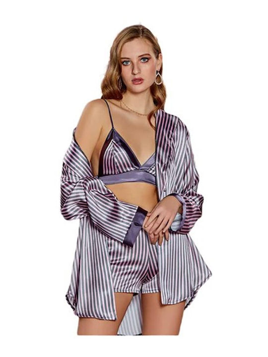 FMS Sommer Damen Pyjama-Set Satin Gray