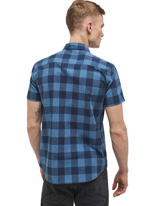 Mustang Men's Shirt Short Sleeve Checked Blue