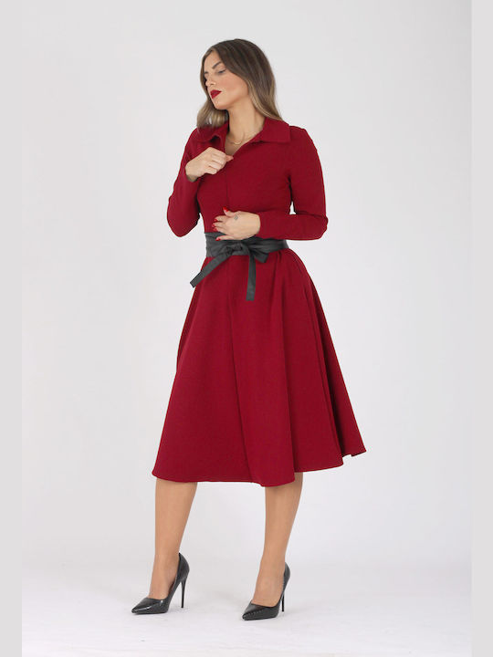 Bellino Midi Kleid Langärmelig Leder Burgundisch