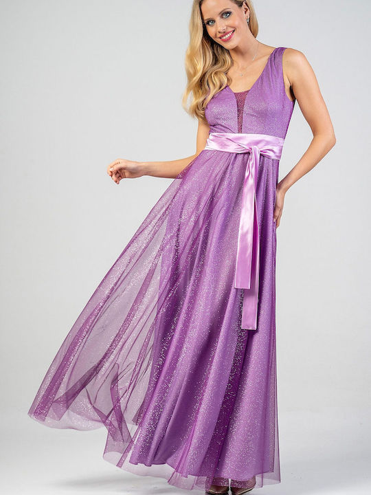 Bellino Summer Maxi Evening Dress Open Back with Tulle Purple