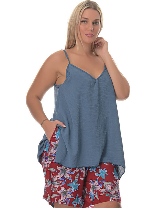 Women's Summer Blouse with Straps & V Neckline Blue