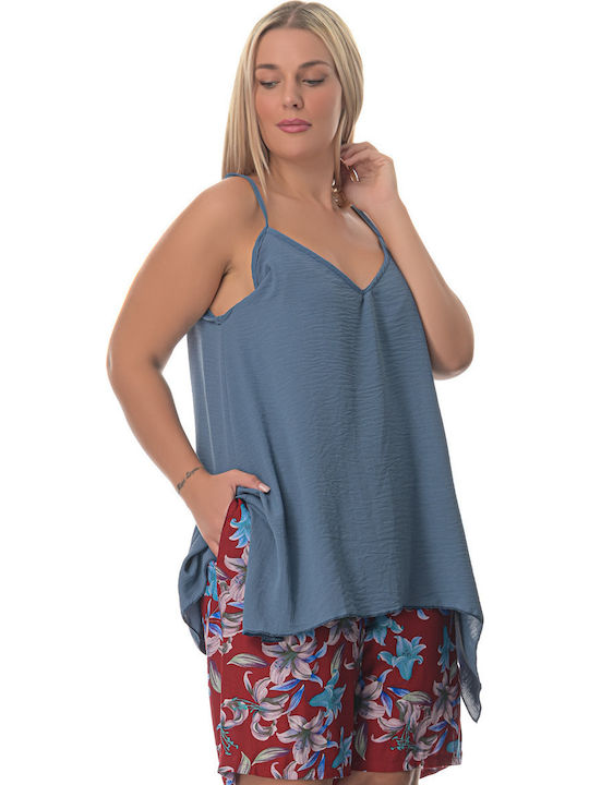 Women's Summer Blouse with Straps & V Neckline Blue